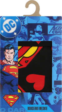 Widok na czarne bokserki męskie Superman z czerwono-żółtym wzorem S-shield, w niebieskim opakowaniu DC Comics.