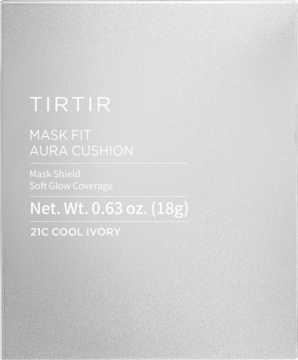 Opakowanie podkładu TIRTIR Mask Fit Aura Cushion 21C Cool Ivory, przód, srebrne z białym tekstem.