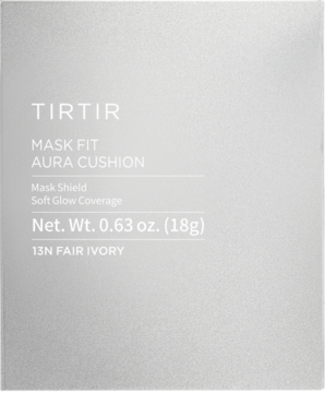 TIRTIR Mask Fit Aura Cushion 13N Fair Ivory, jasnoszare, błyszczące opakowanie podkładu, widok z przodu.