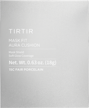 Srebrno-szare opakowanie TIRTIR Mask Fit Aura Cushion 15C Fair Porcelain, nawilżający podkład, widok z przodu.