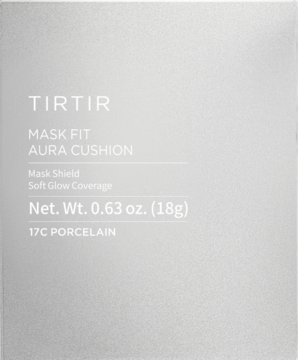 Opakowanie podkładu TIRTIR Mask Fit Aura Cushion 17C Porcelain. Szare, minimalistyczne, z białym tekstem, widok z przodu.