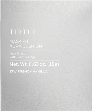 Podkład TIRTIR Mask Fit Aura Cushion 17W French Vanilla, srebrzyste opakowanie z delikatnymi białymi napisami, z przodu.
