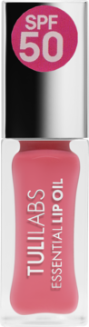 Różowy olejek TuliLabs Essential Lip Oil SPF 50 w butelce, widok z przodu na białe napisy.