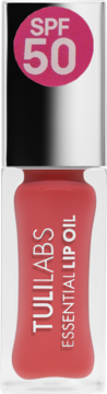TULILABS Essential Lip Oil SPF 50 w przezroczystej butelce z koralowym olejkiem, srebrną zakrętką, widok z przodu.