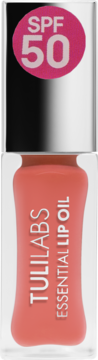 Tuli Labs Essential Lip Oil SPF 50, butelka z koralowym olejkiem, odcień Sweet Carmel. Widok z przodu.