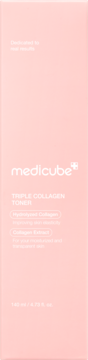 Medicube Triple Collagen Toner, light pink box, front view. White text lists collagen for improved elasticity, 140ml.