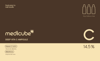 MEDICUBE Deep Vita C Ampoule, ciemnobrązowe opakowanie z beżową sekcją, widok z przodu, napis 14.5% C.