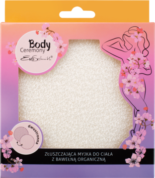 Biała myjka złuszczająca Ewa Schmitt z bawełny organicznej, w pudełku z okienkiem i grafiką kobiecej sylwetki.