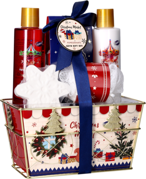 Zestaw Magic Christmas: czerwony żel, biały balsam, śnieżna kula do kąpieli i myjka w świątecznym, wzorzystym koszu.