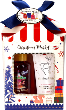 Świąteczny zestaw prezentowy 'Christmas Market' Pomegranate w biało-czerwonym pudełku. Widok z przodu, z niebieską wstążką.