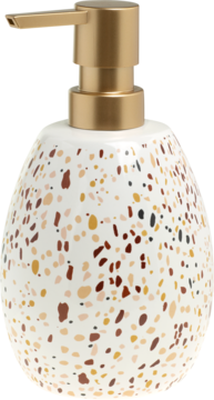 Dozownik DECOR ceramiczny, biały z kolorowym wzorem terrazzo, ze złotą pompką, widok z przodu.