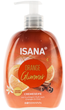 Isana Orange Glimmer mydło w płynie, pomarańczowa butelka z pompką, z grafiką pomarańczy i cynamonu.