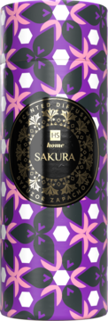 Front view of purple cylindrical HS home Sakura scented diffuser, with black and pink floral patterns & white hexagons.
