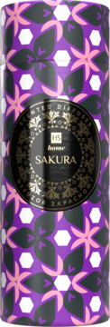 Front view of purple cylindrical HS home Sakura scented diffuser, with black and pink floral patterns & white hexagons.