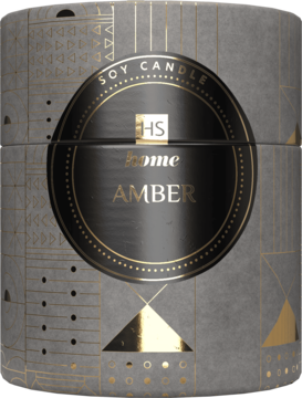 Szara świeca sojowa HS home AMBER w cylindrycznym pudełku ze złotymi geometrycznymi zdobieniami, widok z przodu.