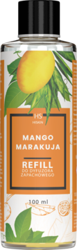 HS Hiskin Mango Marakuja refill do dyfuzora 100 ml, biała butelka z owocami, widok z przodu.