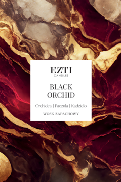 Eztii Candles Black Orchid wosk zapachowy, biała etykieta na tle z czerwono-złotego marmuru, widok z przodu.