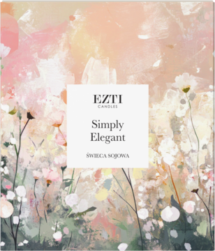 EZTI Candles Simply Elegant świeca sojowa w pudełku z abstrakcyjnym kwiatowym wzorem, widok z przodu.