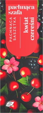 Saszetka zapachowa Pachnąca Szafa Kwiat Czereśni, opakowanie z wiśniami i kwiatami na ciemnym tle.
