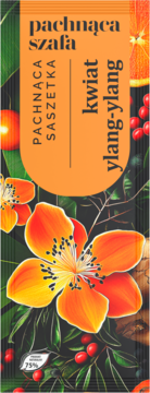 Pachnąca Saszetka Kwiat Ylang-Ylang, 75% naturalna. Pomarańczowo-zielone opakowanie z kwiatem na froncie.
