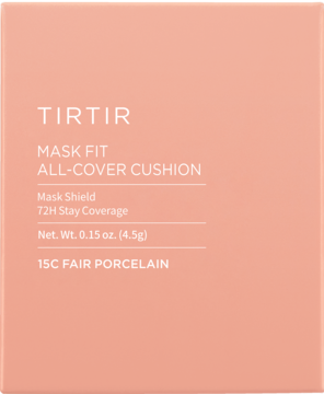 Pudełko podkładu TIRTIR Mask Fit All-Cover Cushion 15C Fair Porcelain, brzoskwiniowe z białymi napisami, widok z przodu.