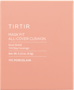 Różowe opakowanie kryjącego podkładu TIRTIR Mask Fit All-Cover Cushion 17C Porcelain, widok z przodu.
