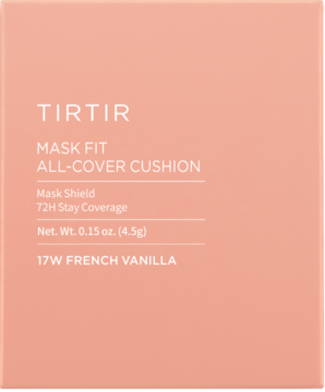 Brzoskwiniowe pudełko matującego podkładu TIRTIR Mask Fit All-Cover Cushion 17W French Vanilla, widok z przodu.