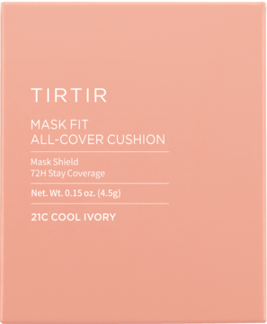 Matujący podkład TIRTIR Mask Fit All-Cover Cushion Mini 21C Cool Ivory w brzoskwiniowym pudełku, widok z przodu.