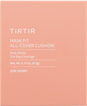 Kryjący podkład TIRTIR Mask Fit All-Cover Cushion Mini 21N Ivory w beżowym pudełku, widok z przodu.