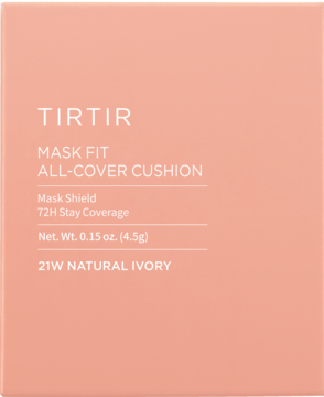 TIRTIR Mask Fit All-Cover Cushion w jasnym, brzoskwiniowym opakowaniu, z napisem 21W NATURAL IVORY.