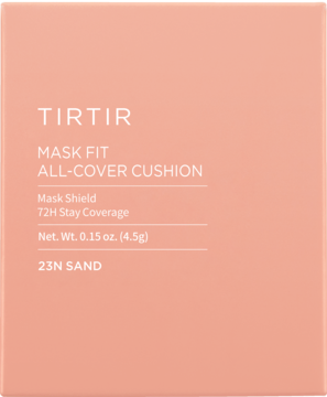 Matujący podkład TIRTIR Mask Fit All-Cover Cushion 23N Sand, jasnoróżowe opakowanie, widok z przodu.