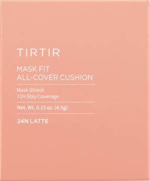 Mini podkład TIRTIR Mask Fit All-Cover Cushion 24N Latte, jasnoróżowe opakowanie, widok z przodu.