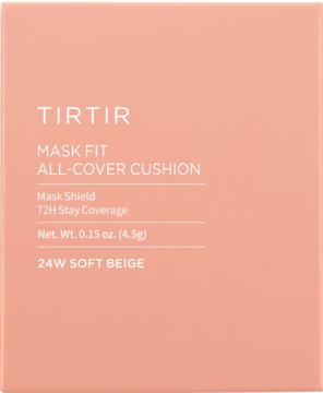 TIRTIR Mask Fit All Cover Cushion 24W Soft Beige, matujący podkład w brzoskwiniowym opakowaniu, widok z przodu.