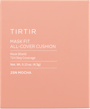 TIRTIR Mask Fit All-Cover Cushion 25N Mocha w brzoskwiniowym opakowaniu z białym tekstem, widok z przodu.