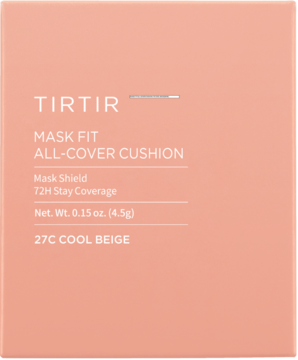 Podkład TIRTIR Mask Fit All-Cover Cushion 27C Cool Beige, widok z przodu brzoskwiniowego opakowania.
