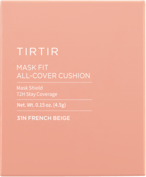 TIRTIR Mask Fit All-Cover Cushion 31N French Beige w brzoskwiniowym opakowaniu, widok z przodu.