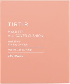 Przednie ujęcie podkładu TIRTIR Mask Fit All-Cover Cushion Mini 33C Hazel w brzoskwiniowym opakowaniu.