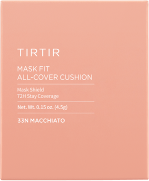 Mini podkład TIRTIR Mask Fit All Cover Cushion w peach-różowym opakowaniu, 33N Macchiato, widok z przodu.