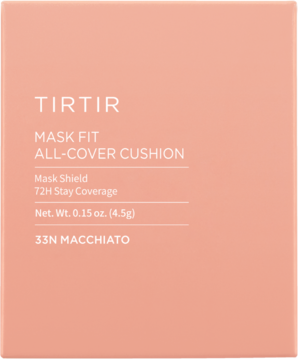Mini podkład TIRTIR Mask Fit All Cover Cushion w peach-różowym opakowaniu, 33N Macchiato, widok z przodu.