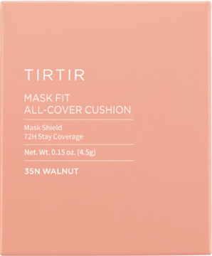 Kryjący podkład TIRTIR Mask Fit All-Cover Cushion 35N Walnut w brzoskwiniowym opakowaniu, widok z przodu.