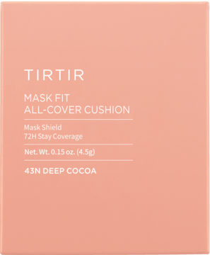 Kryjący podkład TIRTIR Mask Fit All Cover Cushion 43N Deep Cocoa. Brzoskwiniowe opakowanie, przód.