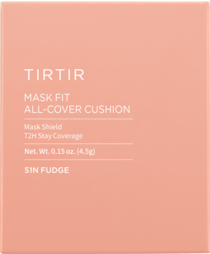 Kryjący podkład TIRTIR Mask Fit All-Cover Cushion Mini 51N Fudge, w brzoskwiniowym pudełku, widok z przodu.