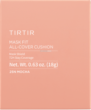 Różowe opakowanie TIRTIR Mask Fit All Cover Cushion 25N Mocha, matujący podkład kryjący, widok z przodu.