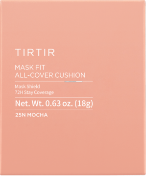 Różowe opakowanie TIRTIR Mask Fit All Cover Cushion 25N Mocha, matujący podkład kryjący, widok z przodu.