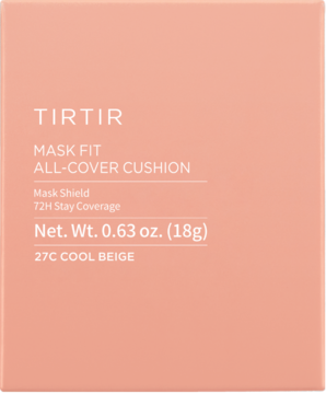 Podkład TIRTIR Mask Fit All-Cover Cushion 27C Cool Beige w brzoskwiniowym pudełku, widok z przodu.