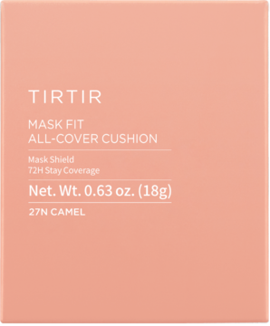 Zbliżenie na brzoskwiniowe opakowanie TIRTIR Mask Fit All Cover Cushion 27N Camel, matujący podkład do twarzy.