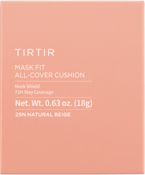 TIRTIR Mask Fit All-Cover Cushion, odcień 29N Natural Beige, opakowanie z przodu, brzoskwiniowe.