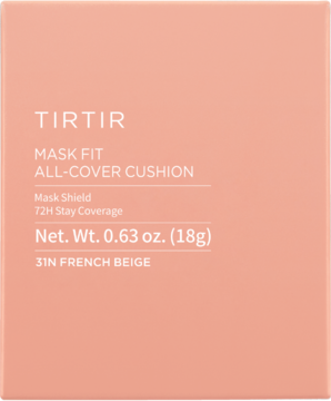 Widok z przodu beżowo-różowego opakowania TIRTIR Mask Fit All-Cover Cushion 31N French Beige, matujący podkład do twarzy.