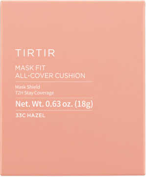 Brzoskwiniowe pudełko matującego podkładu do twarzy TIRTIR Mask Fit All Cover Cushion 33C Hazel, z przodu.