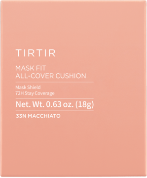 Brzoskwiniowe opakowanie TIRTIR Mask Fit All-Cover Cushion 33N Macchiato. Podkład kryjący 72H.